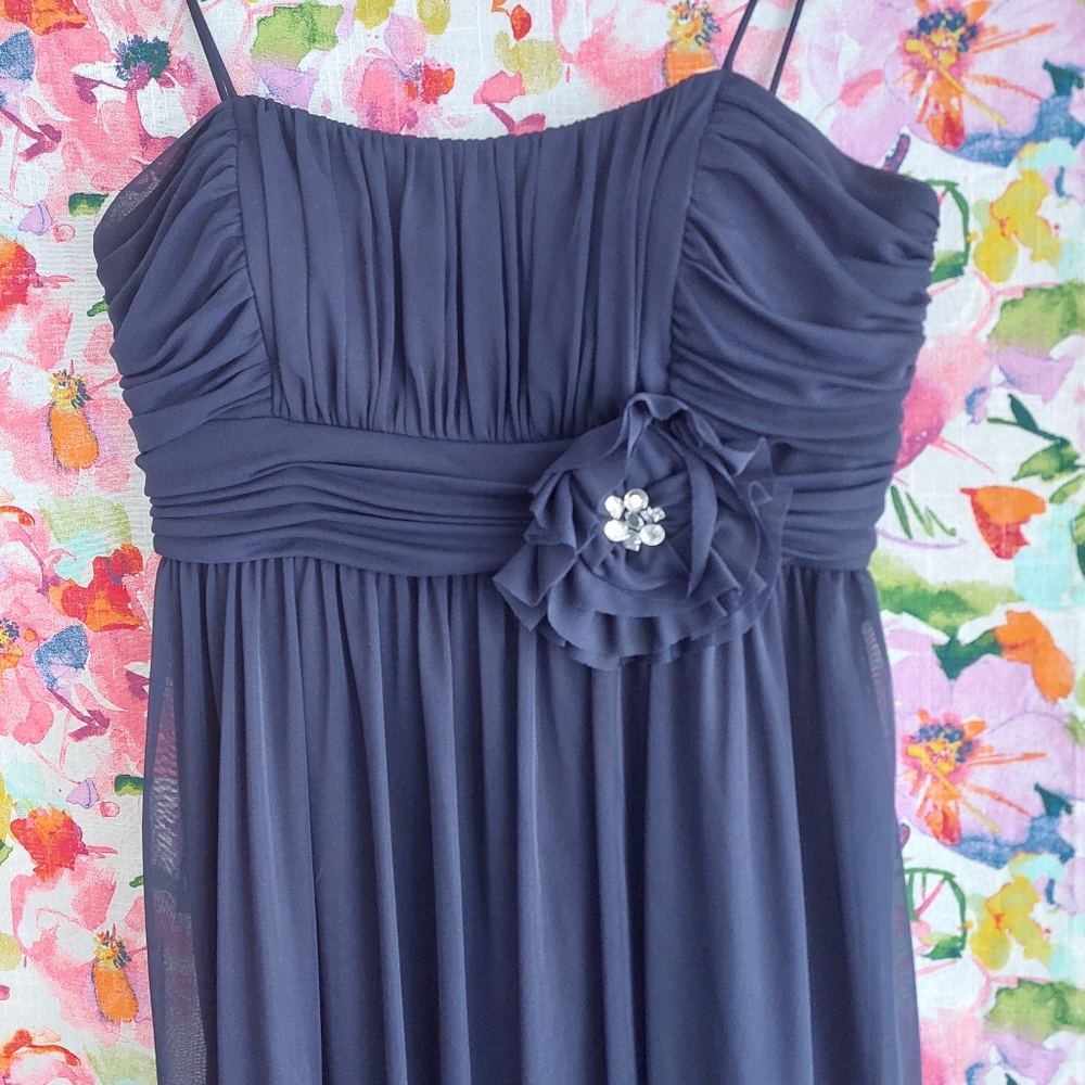 Laura Petite 14P Navy Blue Chiffon Cocktail Dress Ruched Wedding Guest A Line